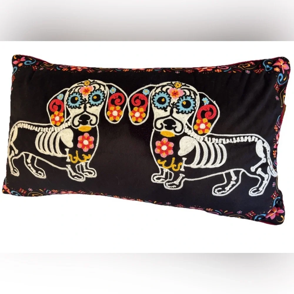 Dachshund Dog Day Of The Dead Halloween Throw Pillow 13”x23” Colorful NWOT